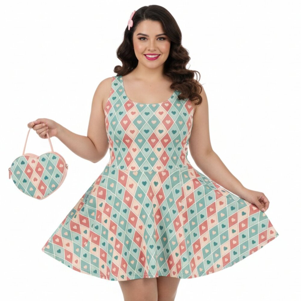 Vintage Pinup Heart Fit & Flare Dress Valentine's Day A-Line Swing - Picture 8 of 14